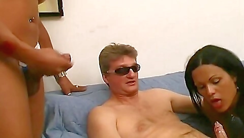 Horny girl with a sexy body and big tits is in a vintage threesome