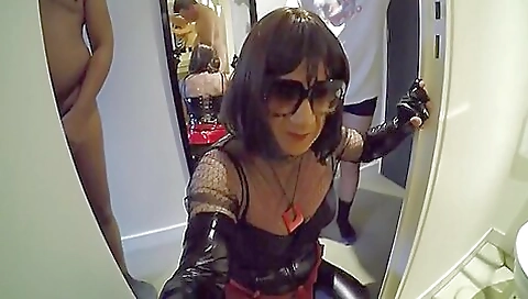 Shemale is fucked by a brunette and a guy in threesome