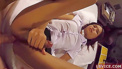 Tight asian brunette pan fucks her lover's hard dick